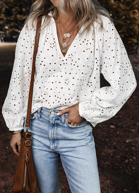 White Eyelet Embroidered Puff Sleeve V Neck Blouse