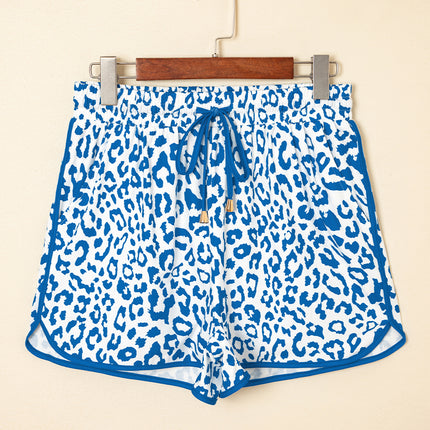 Blue Leopard Elastic Waistband Lace up Contrast Trim Casual Shorts