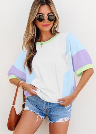 White Color Block Patchwork Half Sleeve Oversized T Shirt