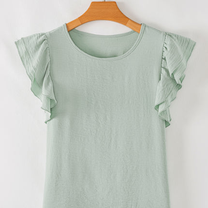 Clearly Aqua Solid Color Ruffled Short Sleeve Casual Blouse