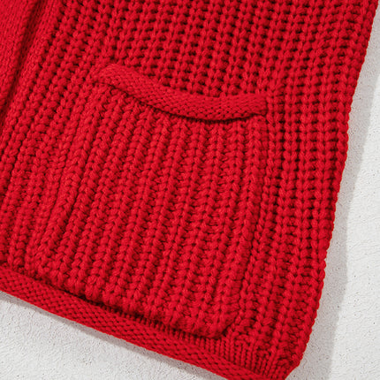 Fiery Red Solid Textured Knit Side Pockets Buttoned Sweater Vest