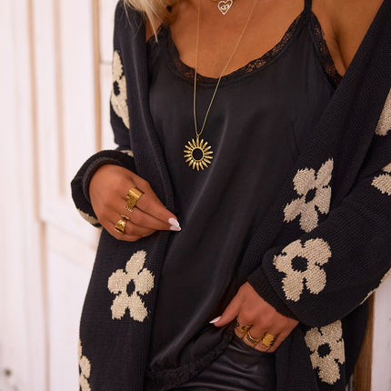 Black Floral Print Knitted Open Front Loose Cardigan