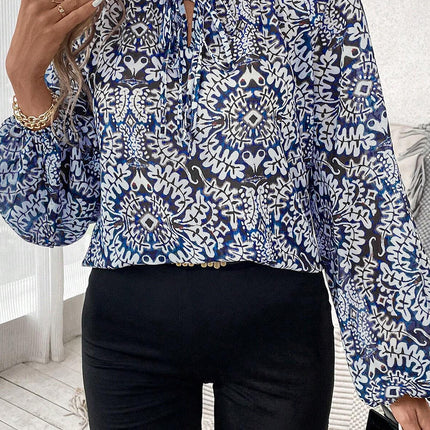 Blue Tribal Print Lace-up Frilled Neck Puff Sleeve Blouse