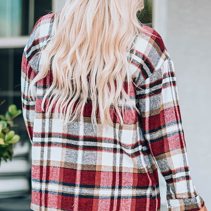 Fiery Red Geometric Plaid Print Pocketed Shacket