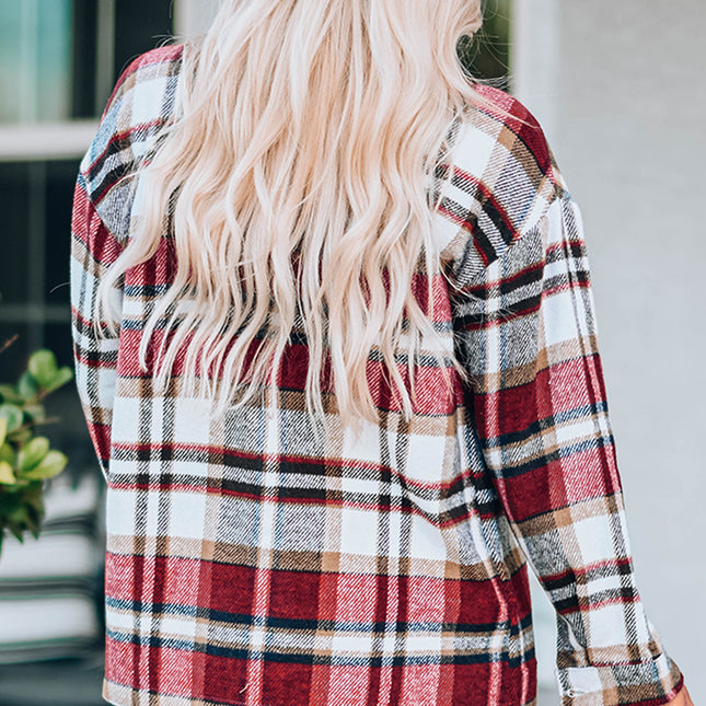 Fiery Red Geometric Plaid Print Pocketed Shacket
