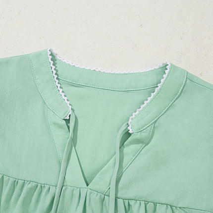 Clearly Aqua Floral Embroidered Puff Sleeve Split Neck Blouse