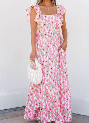 Pink Floral Print Square Neck Ruffled Strap Maxi Dress