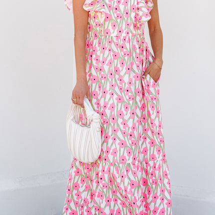 Pink Floral Print Square Neck Ruffled Strap Maxi Dress
