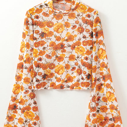 Orange Floral Printed Bell Sleeve Mock Neck Scallop Trim Blouse