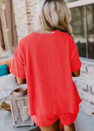 Ribbed Textured Knit Loose Fit Tee and Shorts Set