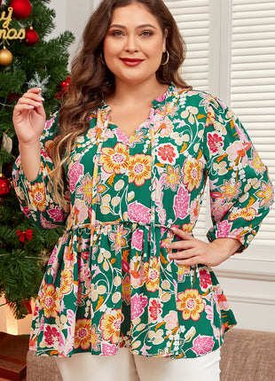 Green Floral Tied V Neck Long Sleeve Plus Size Babydoll Top