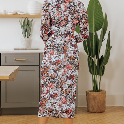 Brown Floral Allover Print Mock Neck Bodycon Long Sleeve Midi Dress