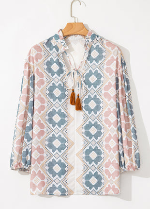Khaki Geometric Print Tassel Tie Split Neck Balloon Sleeve Blouse