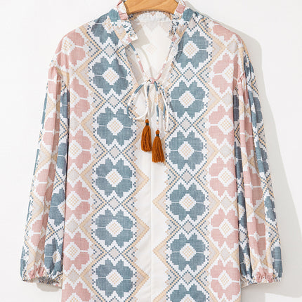 Khaki Geometric Print Tassel Tie Split Neck Balloon Sleeve Blouse