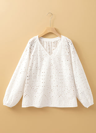 White Eyelet Embroidered Puff Sleeve V Neck Blouse
