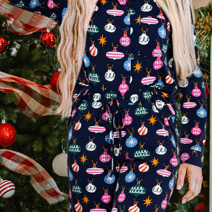Navy Blue Colorful Christmas Lights Print Shirt and Pants Pajama Set