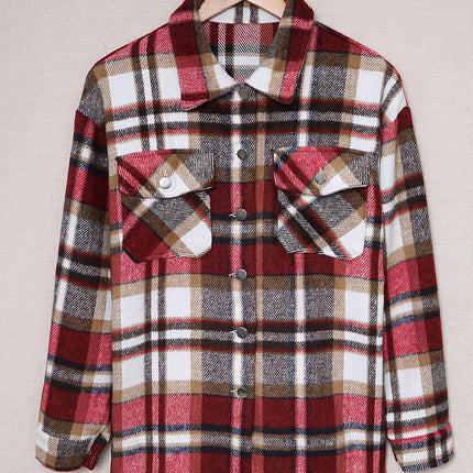 Fiery Red Geometric Plaid Print Pocketed Shacket