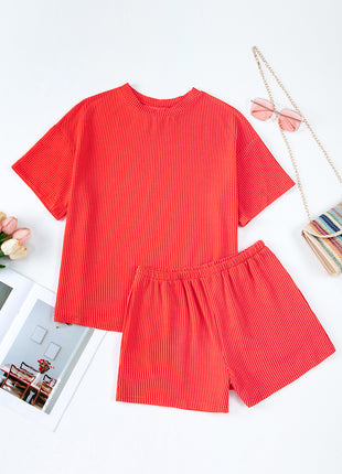 Ribbed Textured Knit Loose Fit Tee and Shorts Set