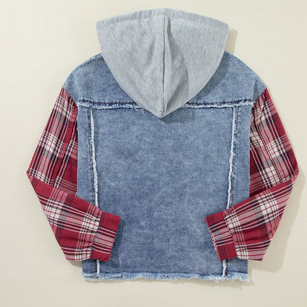 Beau Blue Plaid Print Patchwork Hooded Raw Hem Denim Jacket