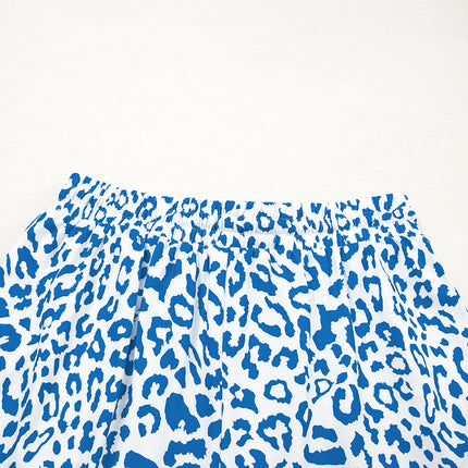 Blue Leopard Elastic Waistband Lace up Contrast Trim Casual Shorts