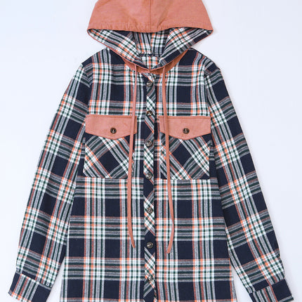 Pink Contrast Hooded Drawstring Plaid Shacket