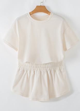 Beige 2pcs Cropped Tee and Ruffle High Waist Skort Set