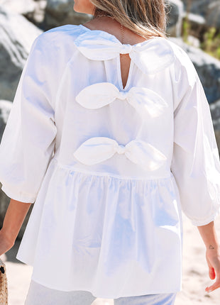 White Bow Knot Cutout Back Loose Fit 3/4 Sleeve Blouse