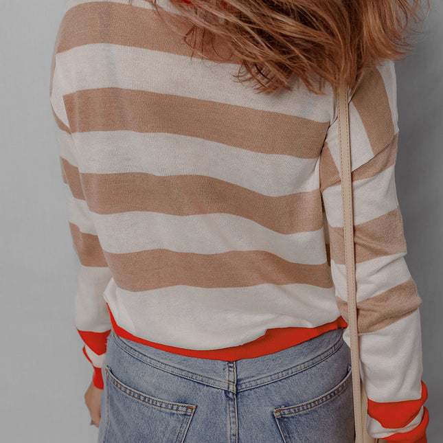 Apricot Colorblock Striped Round Neck Drop Shoulder Sweater