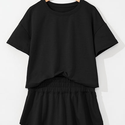 Black 2pcs Cropped Tee and Ruffle High Waist Skort Set