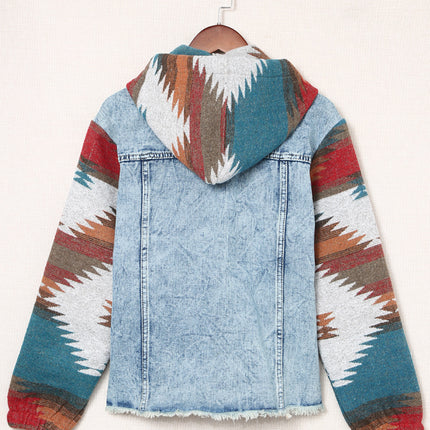 Multicolor Aztec Print Frayed Hem Denim Jacket