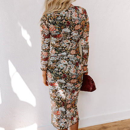 Brown Floral Allover Print Mock Neck Bodycon Long Sleeve Midi Dress