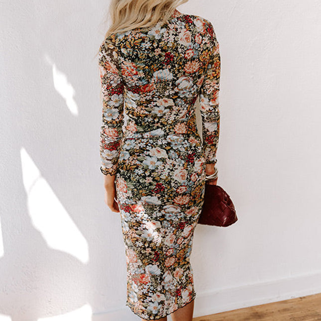 Brown Floral Allover Print Mock Neck Bodycon Long Sleeve Midi Dress