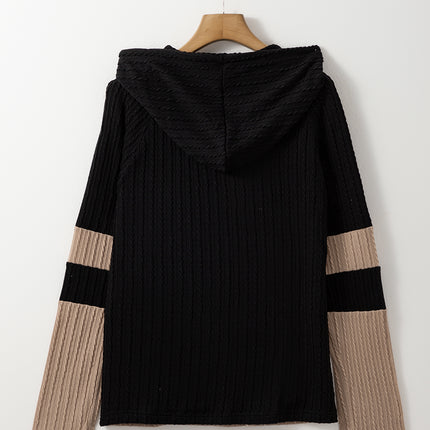 Parchment Textured Colorblock Long Sleeve Quarter Zip Drawstring Hooded Top