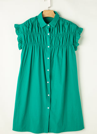 Bright Green Shirred Ruffle Sleeve Button Up Short Dress