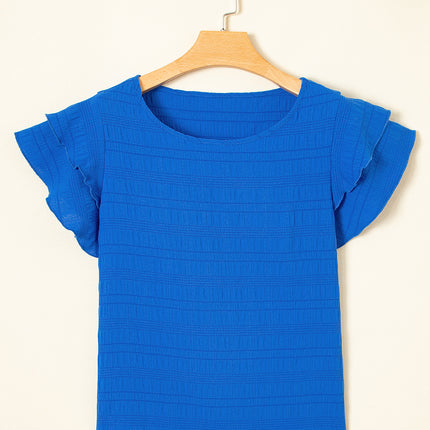 Dark Blue Textured Ruffled Sleeve Round Neck Top