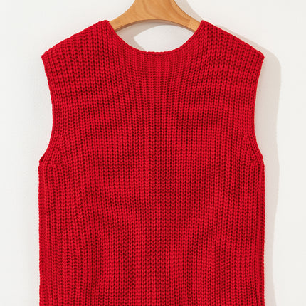 Fiery Red Solid Textured Knit Side Pockets Buttoned Sweater Vest
