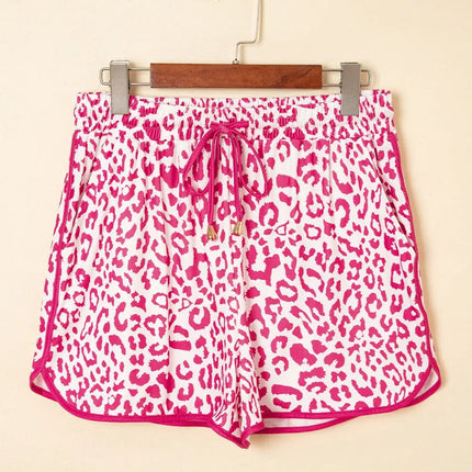 Pink Leopard Elastic Waistband Lace up Contrast Trim Casual Shorts Dear-Lover Dropshipping