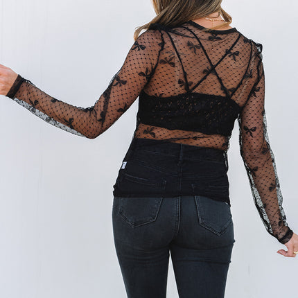 Black Bow Pattern Accent Mesh Long Sleeve Top