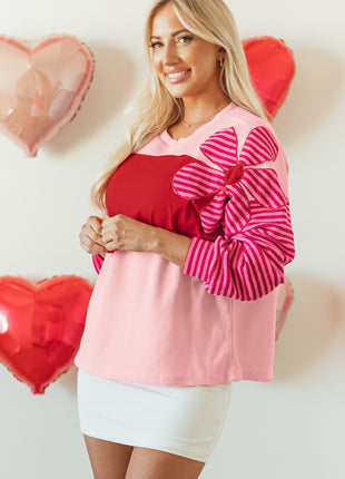 Pink Floral Patch Color Block Striped Sleeve Textured Top