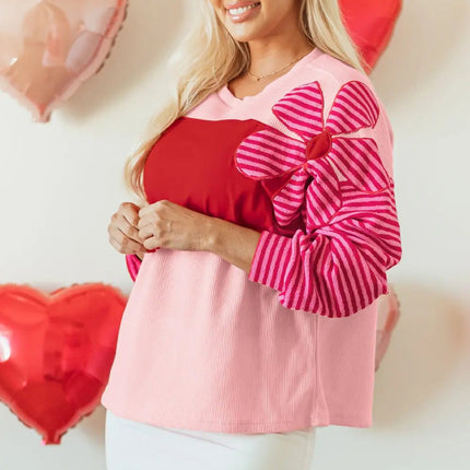 Pink Floral Patch Color Block Striped Sleeve Textured Top Dear-Lover Dropshipping