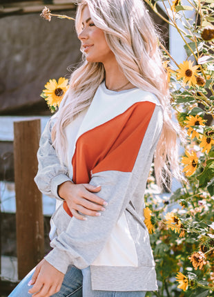 Khaki Colorblock Stitching Irregular Hem Long Sleeve Top