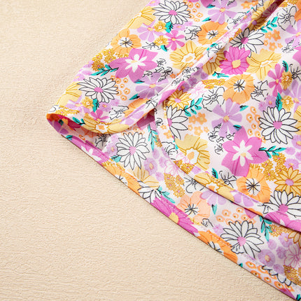 Pink Boho Floral Shirred High Waist Casual Shorts