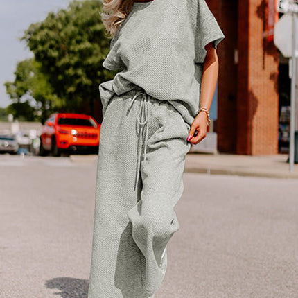 Gray Textured Loose Fit T Shirt and Drawstring Pants Set