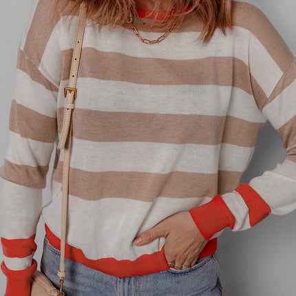 Apricot Colorblock Striped Round Neck Drop Shoulder Sweater
