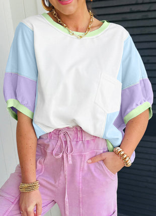 White Color Block Patchwork Half Sleeve Oversized T Shirt