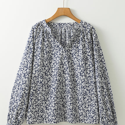 Blue Floral Print Notched V Neck Puff Sleeve Blouse