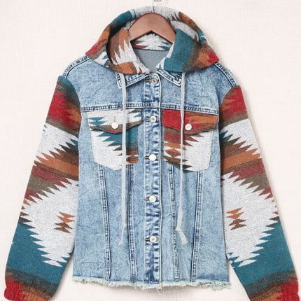 Multicolor Aztec Print Frayed Hem Denim Jacket