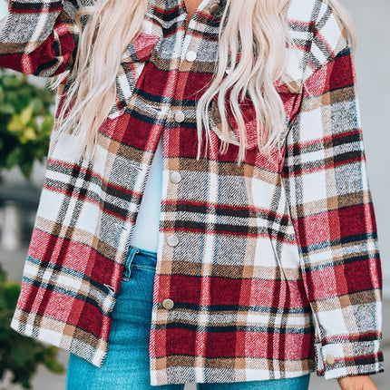 Fiery Red Geometric Plaid Print Pocketed Shacket