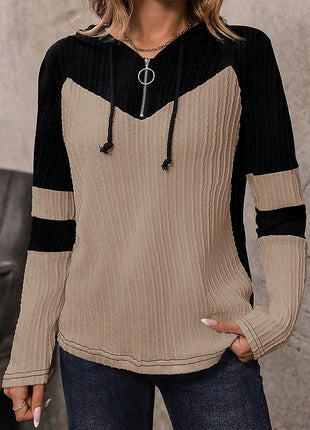Parchment Textured Colorblock Long Sleeve Quarter Zip Drawstring Hooded Top
