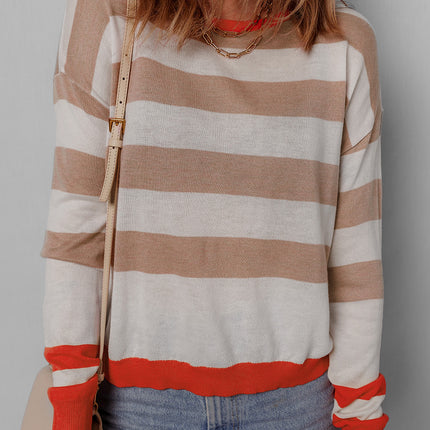 Apricot Colorblock Striped Round Neck Drop Shoulder Sweater